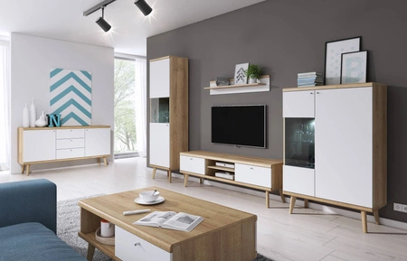 Szafka RTV Primo 107 cm dąb riviera / biały nowoczesny design w stylu skandynawskim obrzeża wykończone specjalną okleiną