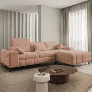 Narożnik z funkcją spania Penejos łososiowy prawostronny elegancki narożnik z pojemnikiem na pościel komfortowe regulowane zagłówki
