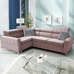 Narożnik z funkcją spania Rava II lawendowy róż lewostronny velvet wygodny narożnik z pojemnikiem na pościel wielofunkcyjna lampka