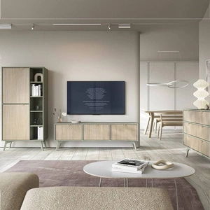 Zestaw mebli Wald eukaliptus / beż jodełka meblościanka w stylu skandynawskim gustowny dekor jodełki i złote uchwyty krawędziowe