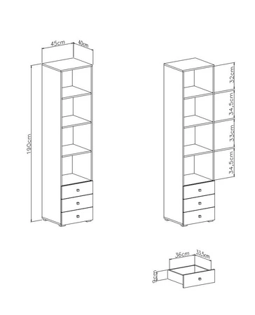 Regał z szufladami Epsilon 45 cm biały / beton idealny do pokoju młodzieżowego użytkowy i pojemny regał na książki