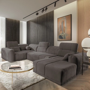 Narożnik z funkcją spania Cetara IV szary brąz prawostronny stylowy design narożnika z przesuwanymi oparciami dwa pojemniki na pościel