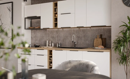 Zestaw mebli kuchennych Corato Ar 255 cm stylowe szafki kuchenne z frontami wykonanymi w technologii anti fingerprint metalowe uchwyty