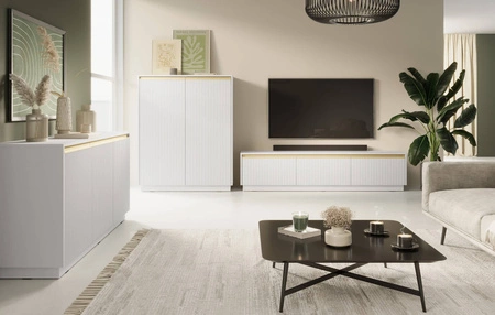 Komoda Imperial 154 cm biała nowoczesny design elegancka komoda z frezowanymi frontami i uchwytami w kolorze szczotkowanego złota