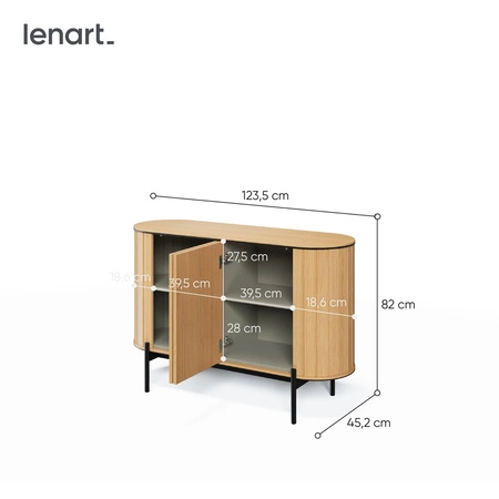 Komoda Rotto 124 cm dąb vincenza nowoczesny design komody o owalnym kształcie bezuchwytowy system otwierania push to open