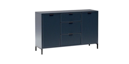 Komoda z szufladami Linka 135 cm indigo elegancki design geometryczny kształt komoda osadzona na wysokich nogach ryflowany front