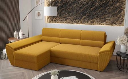 Narożnik z funkcją spania Fogu III miodowy lewostronny stylowy narożnik z podłokietnikami i pojemnikiem na pościel sztruksowa tkanina