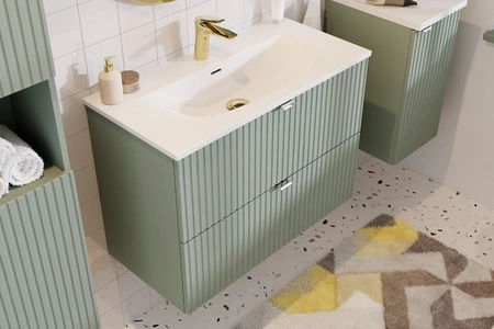 Szafka pod umywalkę Line Reed Green 80 cm szałwiowa designerska szafka z ryflowanymi frontami pojemne szuflady modna kolorystyka