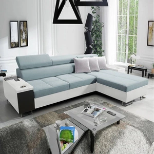 Narożnik z funkcją spania Dafni arktyczny błękit / biały prawostronny pleciony komfort i funkcjonalność podczas codziennego wypoczynku