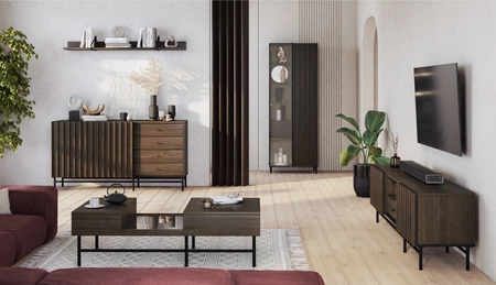 Półka Piemonte 155 cm jesion portland nowoczesna i praktyczna półka na ścianę z czarnymi dodatkami idealny mebel do salonu