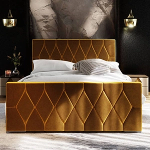 Łóżko tapicerowane Sparks 140x200 musztardowe z pojemnikiem w nowoczesnym stylu z charakterystycznym wezgłowiem oraz z zanóżkiem