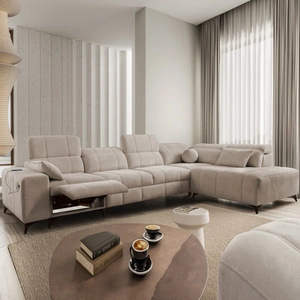 Narożnik z funkcją spania Penejos XI Lux ciemny beżowy prawostronny stylowy narożnik rozkładany z komfortowym wysuwanym podnóżkiem