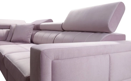 Narożnik z funkcją spania Nausa VII pudrowy róż lewostronny elegancki narożnik do salonu wykonany z miękkiej tkaniny typu velvet