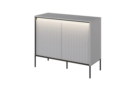 Komoda Trend 98 cm szara funkcjonalna komoda do salonu o oryginalnym designie ryflowane fronty z subtelnym oświetleniem