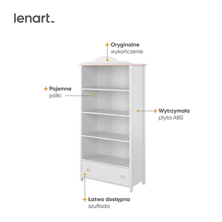 Regał Luna 85 cm biały / różowy oryginalna bryła w stonowanej kolorystyce doskonały regał do pokoju dziecięcego pojemna szuflada