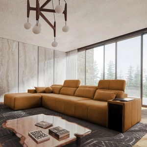 Narożnik z funkcją spania Tesalia XII miodowy lewostronny nowoczesny design komfortowe przesuwane oparcie szuflada w boczku mebla