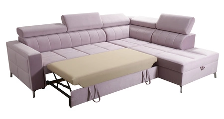 Narożnik z funkcją spania Nausa III granatowy prawostronny velvet stylowy komfortowy narożnik regulowane zagłówki pojemnik na pościel