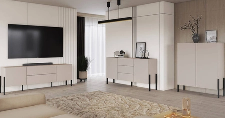 Zestaw mebli do salonu Jukon beżowy elegancka forma mebla w nowoczesnym stylu system otwierania push to open metalowe czarne nogi