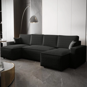 Narożnik z funkcją spania Nelo U czarny komfortowy i nowoczesny narożnik z pojemnikiem na pościel sztruksowa prążkowana tkanina