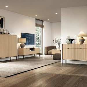 Zestaw mebli Lovro dąb vicenza designerska meblościanka do salonu dekoracyjne ryflowane fronty bryły osadzone na metalowej podstawie