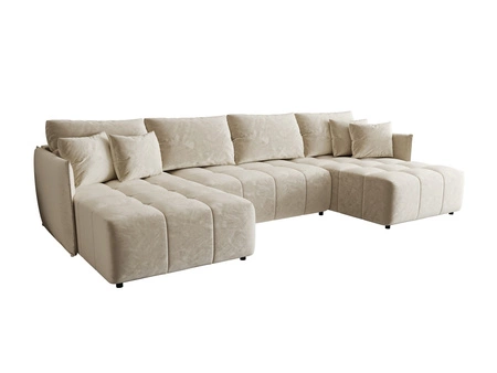 Narożnik z funkcją spania Oroso U beżowy pojemnik na pościel miękka tkanina typu velvet z powłoką hydrofobową ozdobne pikowania