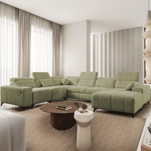 Narożnik z funkcją spania Penejos VIII oliwkowy prawostronny stylowy narożnik rozkładany wykonany z wytrzymałej tkaniny