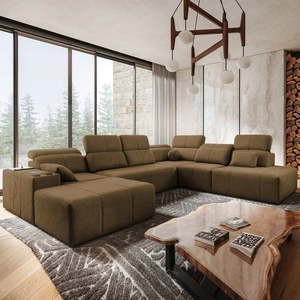 Narożnik z funkcją spania Tesalia X brązowy lewostronny nowoczesny i komfortowy narożnik z innowacyjną funkcją przesuwanego oparcia