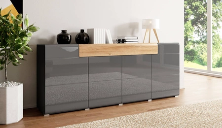 Komoda z szufladą Toledo 208 cm antracyt / antracyt połysk / dąb grandson nowoczesny design fronty komody delikatnie zaoblone