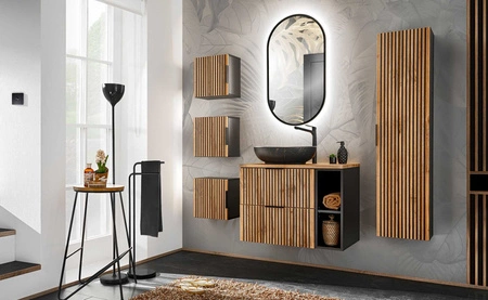 Szafka pod umywalkę Xilo 80 cm czarny / dąb wotan stylowa szafka do łazienki z pojemnymi szufladami gustowne ryflowane fronty