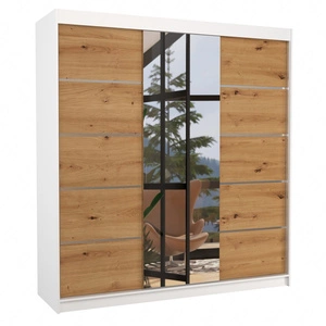 Szafa przesuwna z lustrem Bergen 200 cm biały / dąb artisan klasyczna forma dekoracyjne listwy na frontach szafy do przedpokoju