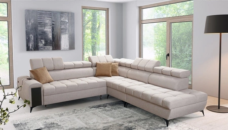 Narożnik z funkcją spania Bolmso IX beżowy prawostronny komfortowy narożnik do salonu z szufladą pojemniki na pościel stylowy design
