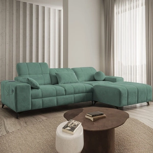 Narożnik z funkcją spania Penejos zielony prawostronny elegancki narożnik z pojemnikiem na pościel komfortowe regulowane zagłówki