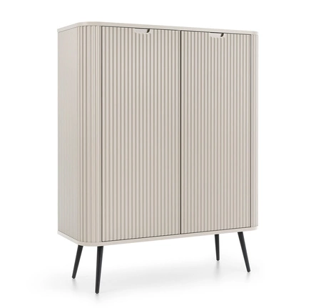 Komoda Zoya 103 cm beżowa elegancki design owalny kształt bryły osadzony na czarnych metalowych nogach gustowny ryflowany front