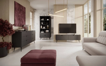 Komoda z szufladami Lante 163 cm czarna elegancki design owalny kształt komody osadzona na wysokich nogach gustowny ryflowany front