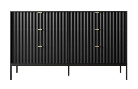 Komoda z szufladami Lovro 154 cm czarna nowoczesny design zachwyci miłośników wyrazistych wnętrz ryflowane fronty metalowe uchwyty