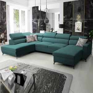 Narożnik z funkcją spania Savona VI turkusowy prawostronny elegancki i komfortowy narożnik do salonu z dwoma pojemnikami na pościel