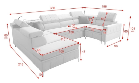 Narożnik z funkcją spania Rava V błękitny lewostronny komfortowy narożnik z pojemnikami na pościel oraz wielofunkcyjną lampką