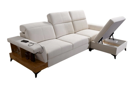 Narożnik z funkcją spania Bresso grafitowy / biały prawostronny narożnik z praktyczną półką w kolorze dąb lancelot regulowane zagłówki