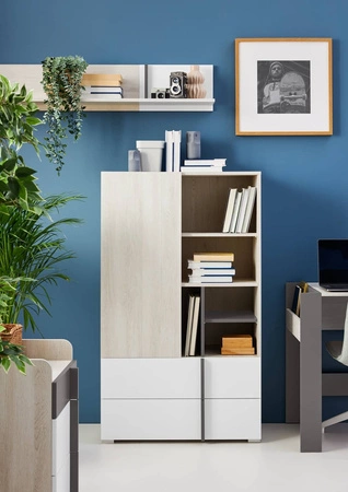 Regał niski Remona 80 cm dąb wilton biały / biały regał z szufladami na książki do pokoju młodzieżowego nowoczesny wygląd