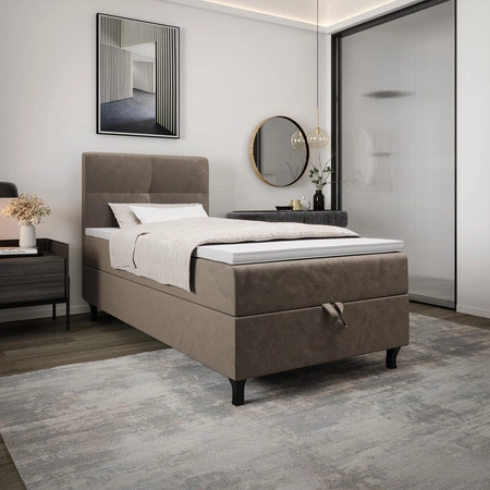 Łóżko kontynentalne Melba 90x200 jasny brąz w nowoczesnym skandynawskim stylu z tapicerowanym zagłówkiem łóżko z pojemnikiem