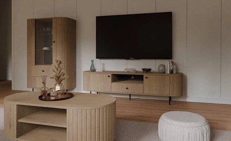 Witryna Ovalio 97 cm dąb cremona stylowy design bezpieczne szkło hartowane witryna o owalnym kształcie z dekoracyjnymi frezowaniami