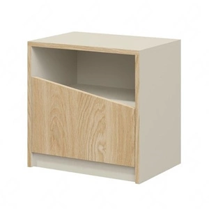 Szafka nocna Atson szarobeżowy / dąb olejowany lewa funkcjonalny dodatek do sypialni w stylu nowoczesnym oryginalny kształt drzwi