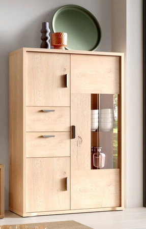 Witryna szeroka Grand 116 cm dąb cremona elegancka i funkcjonalna witryna z zaoblonymi detalami elementy z bezpiecznego szkła metalowe uchwyty