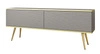 Szafka RTV Luxury 135 cm szara elegancki design stylowy ryflowany front korpus zwieńczony złotą listwą złote metalowe nogi