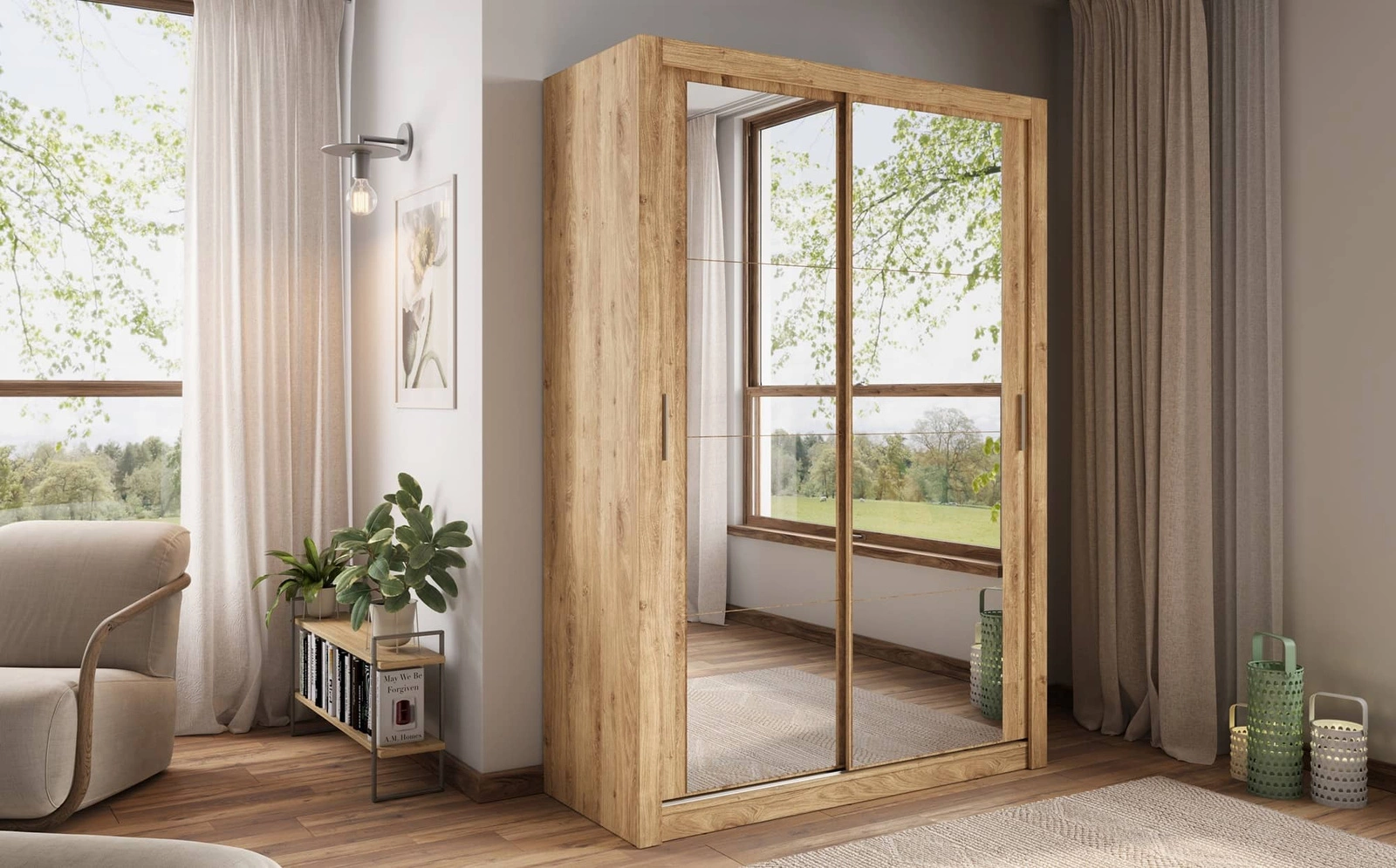 Szafa z lustrem do sypialni Arti w kolorze dąb shetland Szafa do garderoby Szafa przesuwna z lustrem