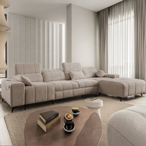 Narożnik z funkcją spania Penejos XII ciemny beżowy prawostronny narożnik z pojemnikami na pościel komfortowe regulowane zagłówki