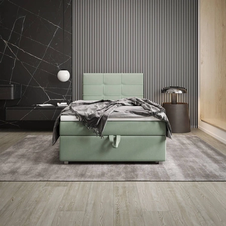 Łóżko kontynentalne Fresno 120x200 miętowe w nowoczesnym skandynawskim stylu z tapicerowanym zagłówkiem łóżko z pojemnikiem