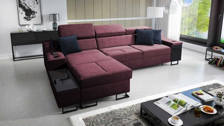 Narożnik z funkcją spania Alcamo burgundowy lewostronny elegancki i stylowy narożnik z dostawką praktyczna szuflada w boczku mebla