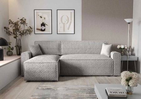 Narożnik z funkcją spania Brandon Bis szary popiel lewostronny miękka tkanina o charakterystycznej pętelkowej powierzchni pojemnik na pościel