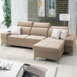 Narożnik z funkcją spania Elgin beżowy prawostronny narożnik z regulowanymi zagłówkami praktyczne szuflady w boczkach mebla